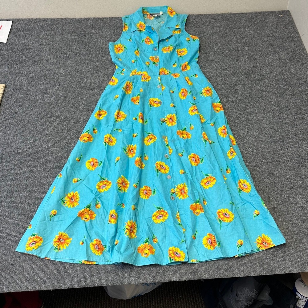 Carol Anderson Dress Womens Size 8 Blue Cotton Sunflower Floral Midi Made in USA